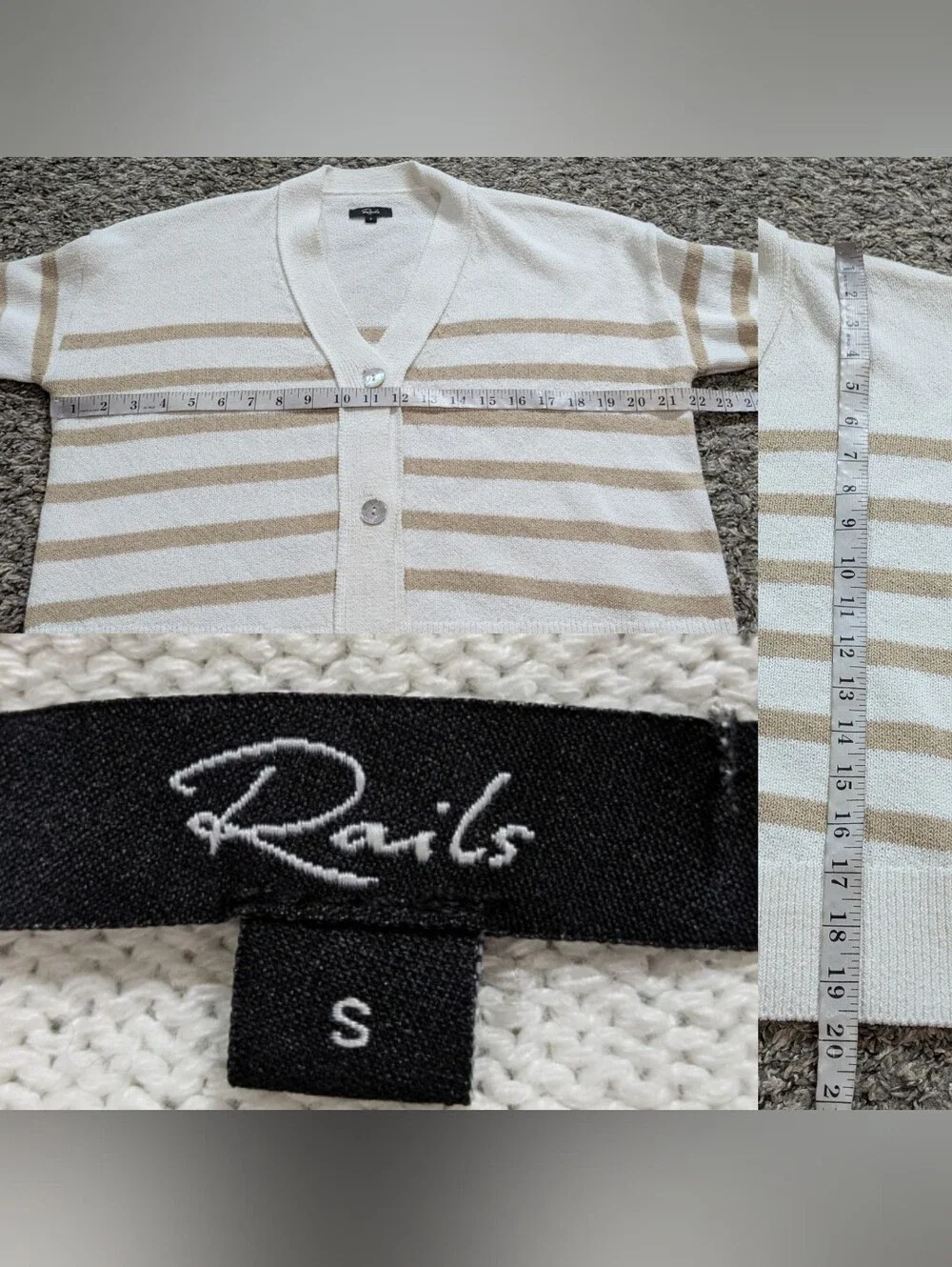 Rails Geneva Sand Stripe White Tan Cotton Blend Button Up Cardigan Sweater S
